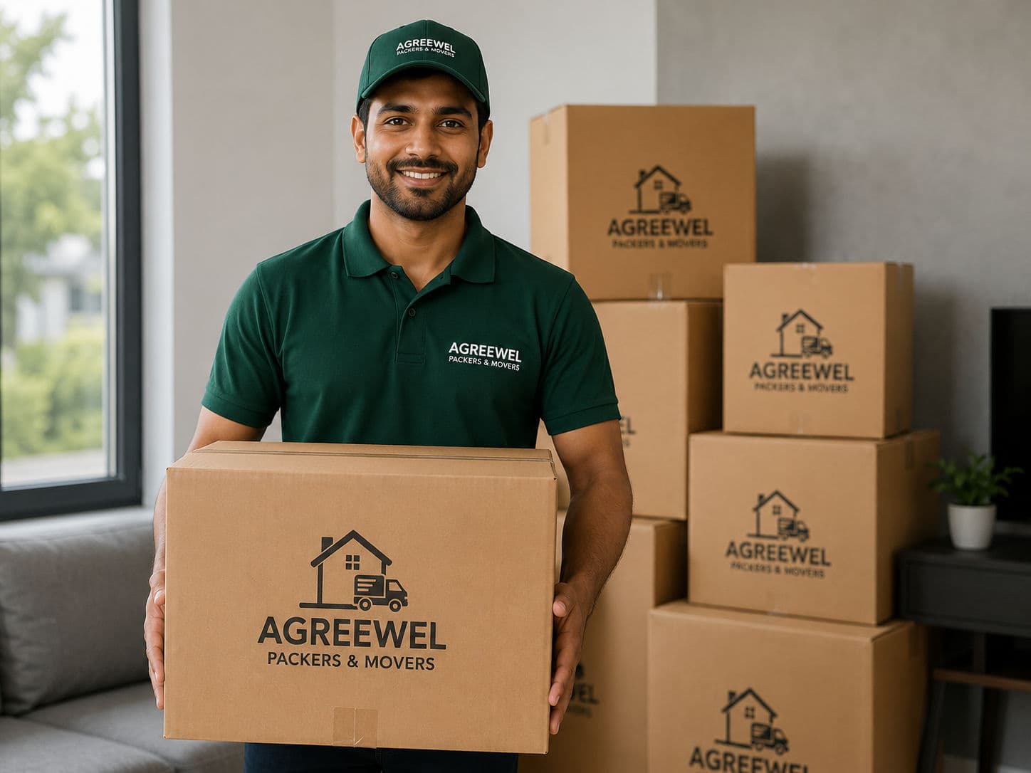 Packed cartons and moving equipment ready to load
